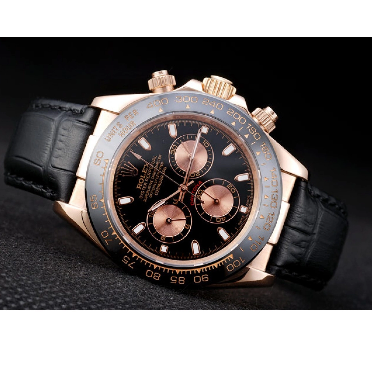 Aaa replica watch Rolex Black Black Case Gold Dial Daytona Leather Rose Strap 0608
